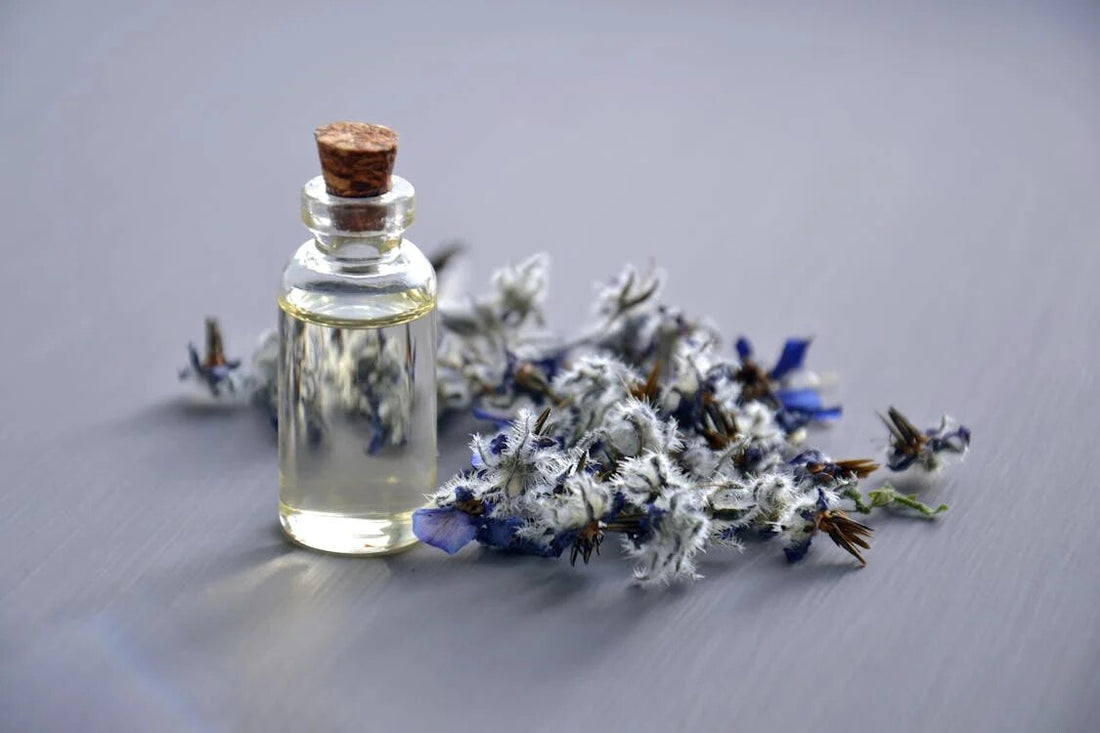 Lavender flowers next to a glass vial of lavender oil