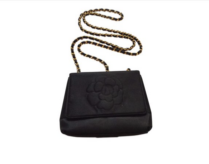 Chanel Camellia Black Satin Bag with Gold Chain