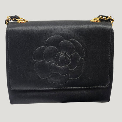 Chanel Camellia Black Satin Bag with Gold Chain