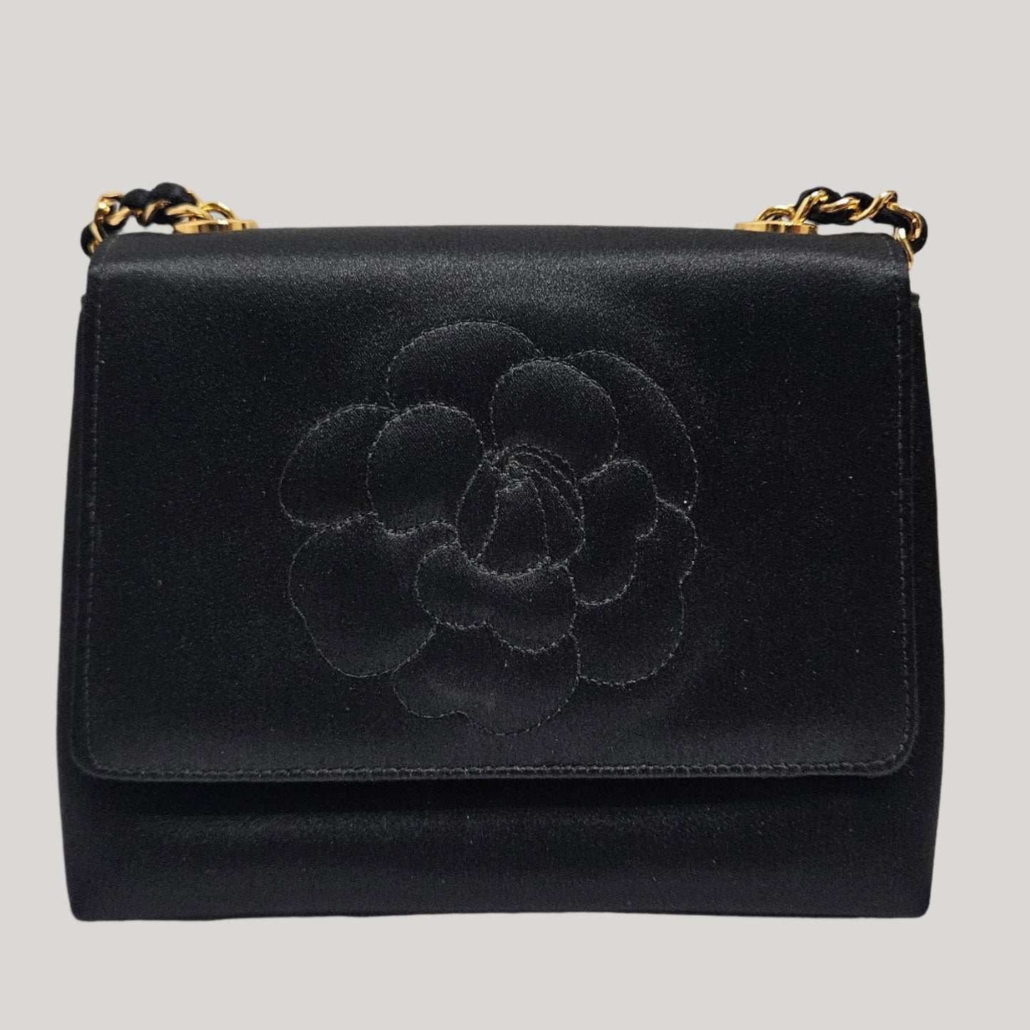 Chanel Camellia Black Satin Bag with Gold Chain