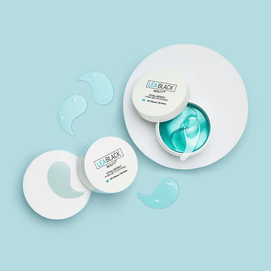 hyaluronic hydra gel eye patches on a blue background